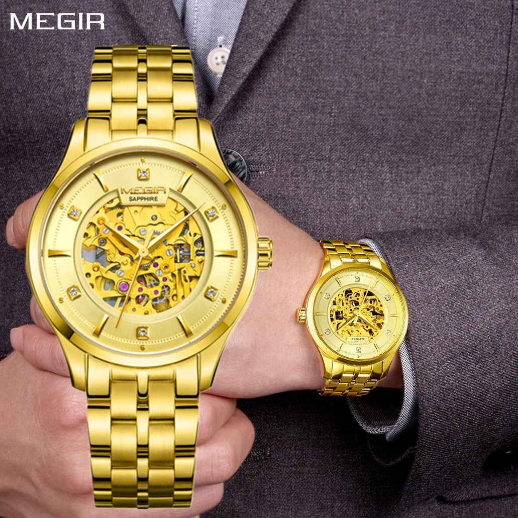 MEGIR Luxury Men Watches Waterproof Automatic Mechanical Watch Stainless Steel Sapphire Gold Business WristWatch Reloj Hombre
