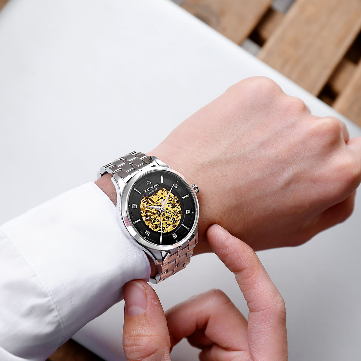 MEGIR Luxury Men Watches Waterproof Automatic Mechanical Watch Stainless Steel Sapphire Gold Business WristWatch Reloj Hombre