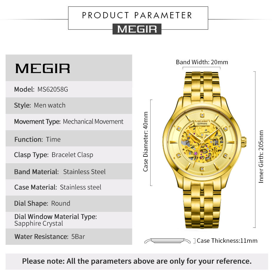 MEGIR Luxury Men Watches Waterproof Automatic Mechanical Watch Stainless Steel Sapphire Gold Business WristWatch Reloj Hombre