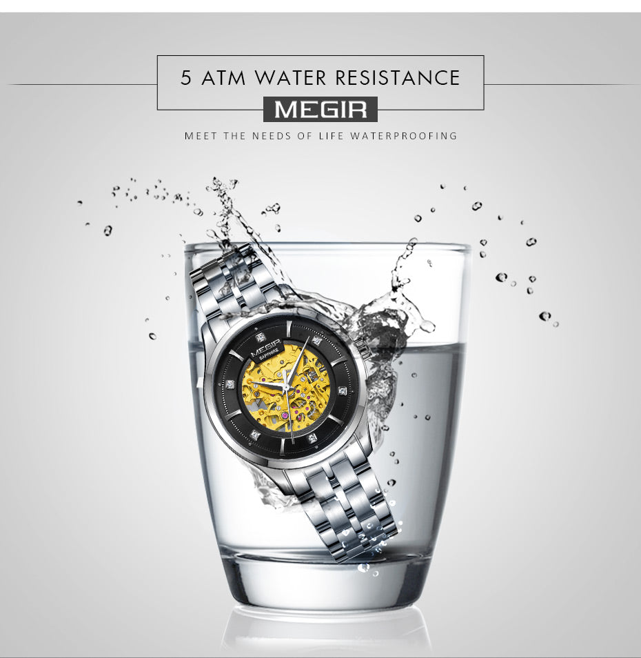 MEGIR Luxury Men Watches Waterproof Automatic Mechanical Watch Stainless Steel Sapphire Gold Business WristWatch Reloj Hombre