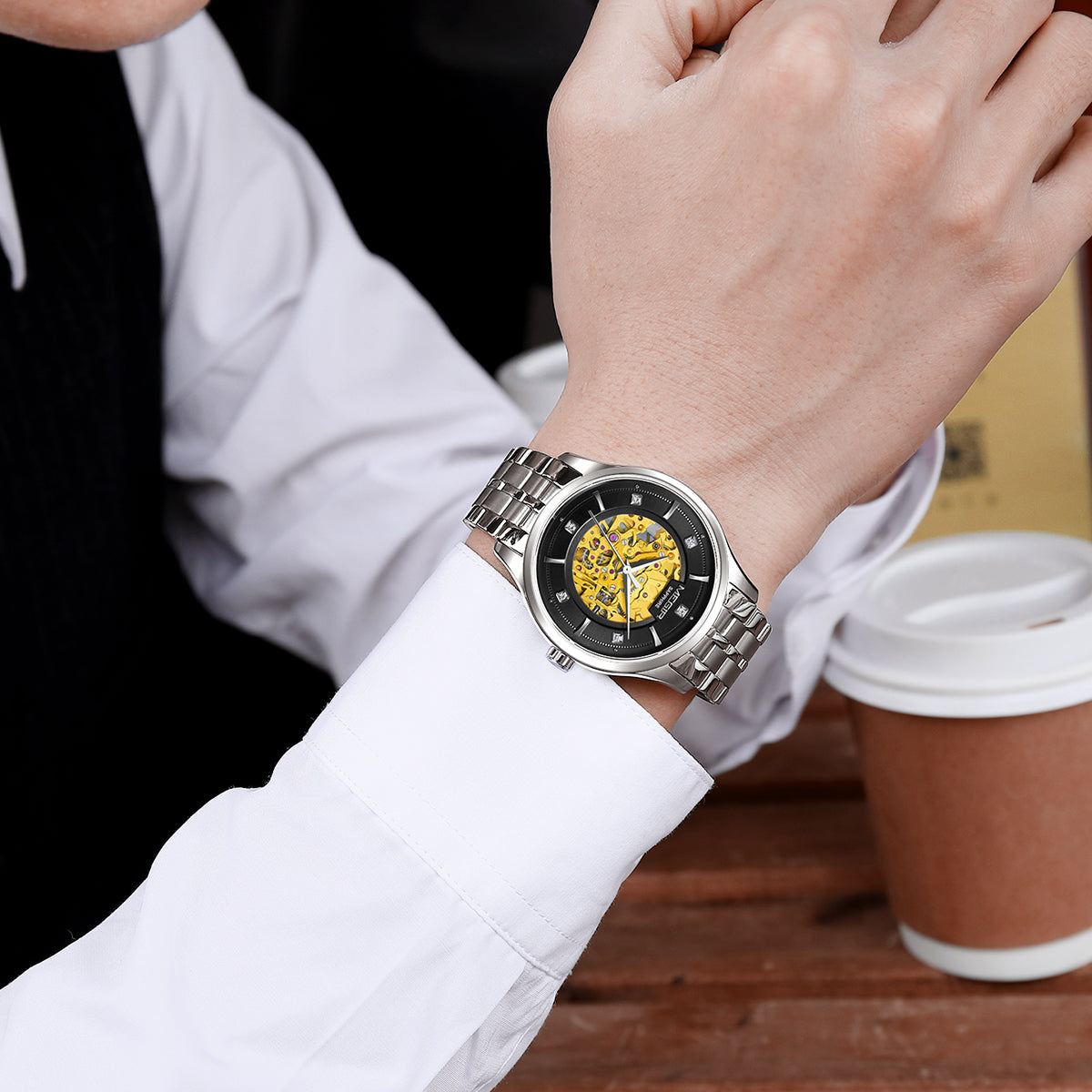 MEGIR Luxury Men Watches Waterproof Automatic Mechanical Watch Stainless Steel Sapphire Gold Business WristWatch Reloj Hombre
