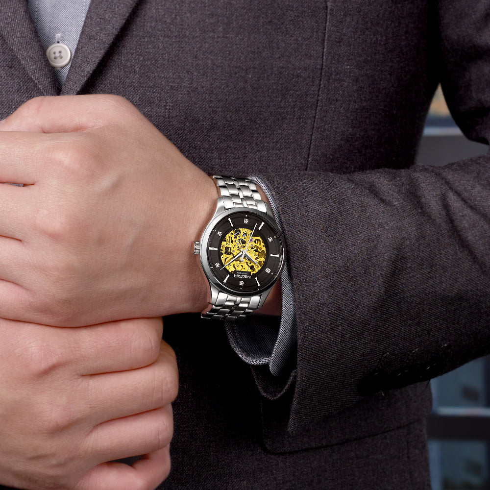 MEGIR Luxury Men Watches Waterproof Automatic Mechanical Watch Stainless Steel Sapphire Gold Business WristWatch Reloj Hombre